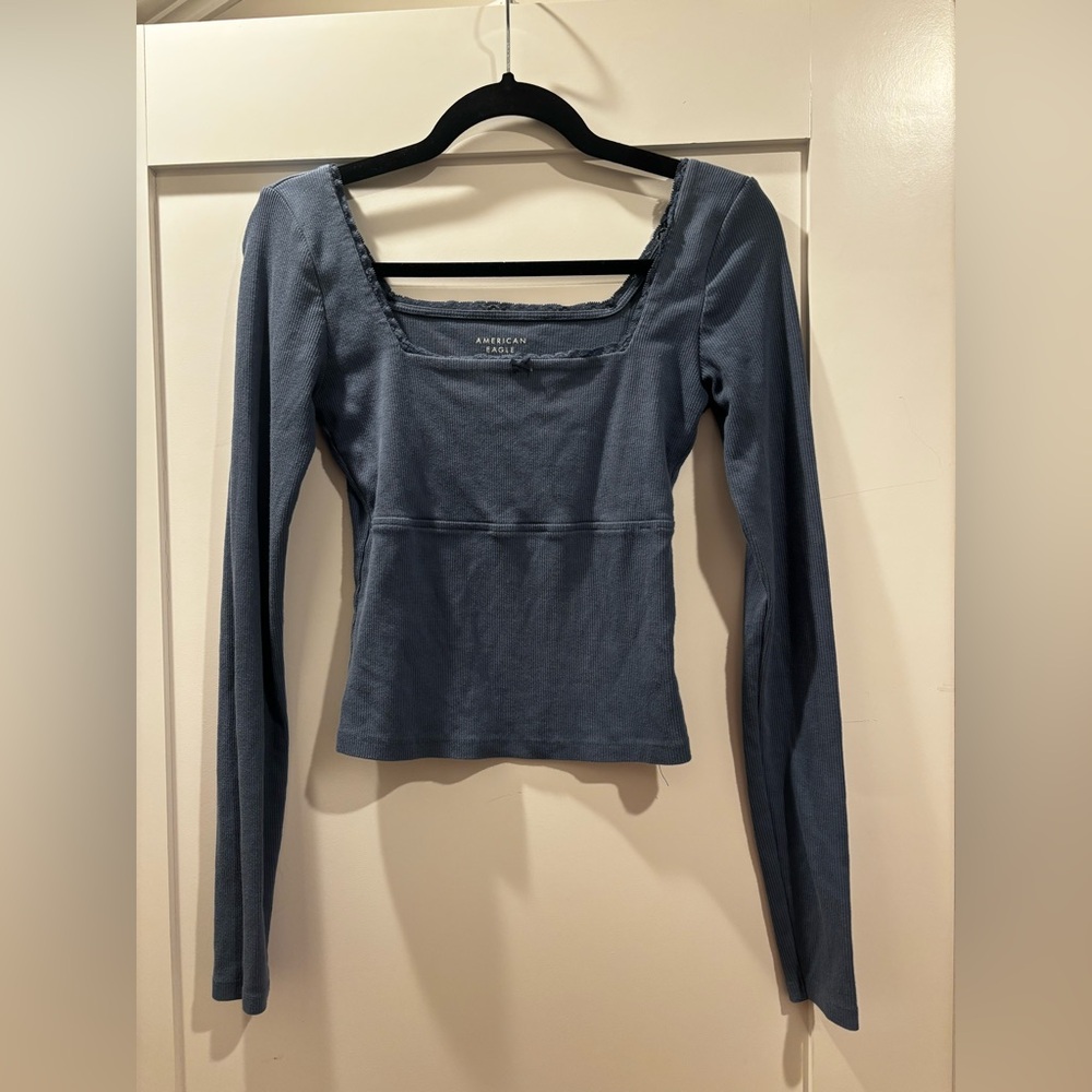 American Eagle Ribbed Square Neck Long Sleeve Top Blue Fitted Y2K Size Small